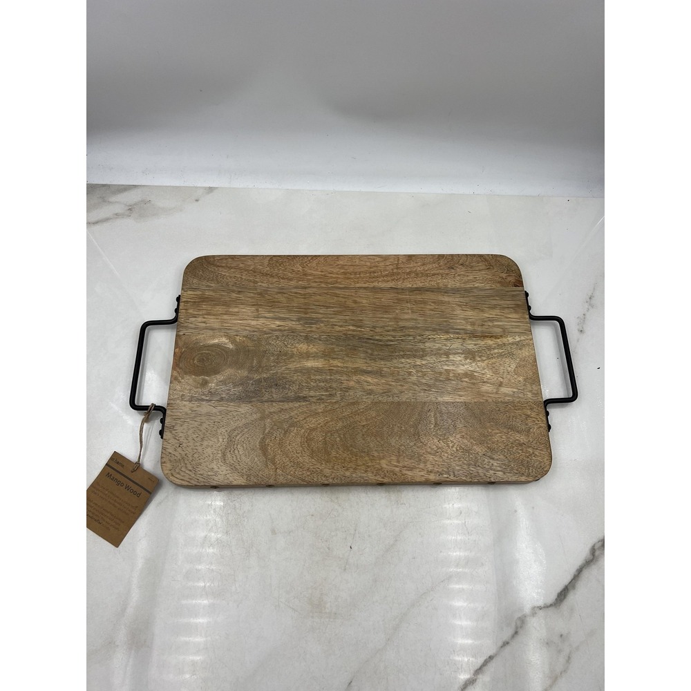 At Home Mango Wood Serving Tray Board 20x12 Handcrafted Metal Handles Rustic